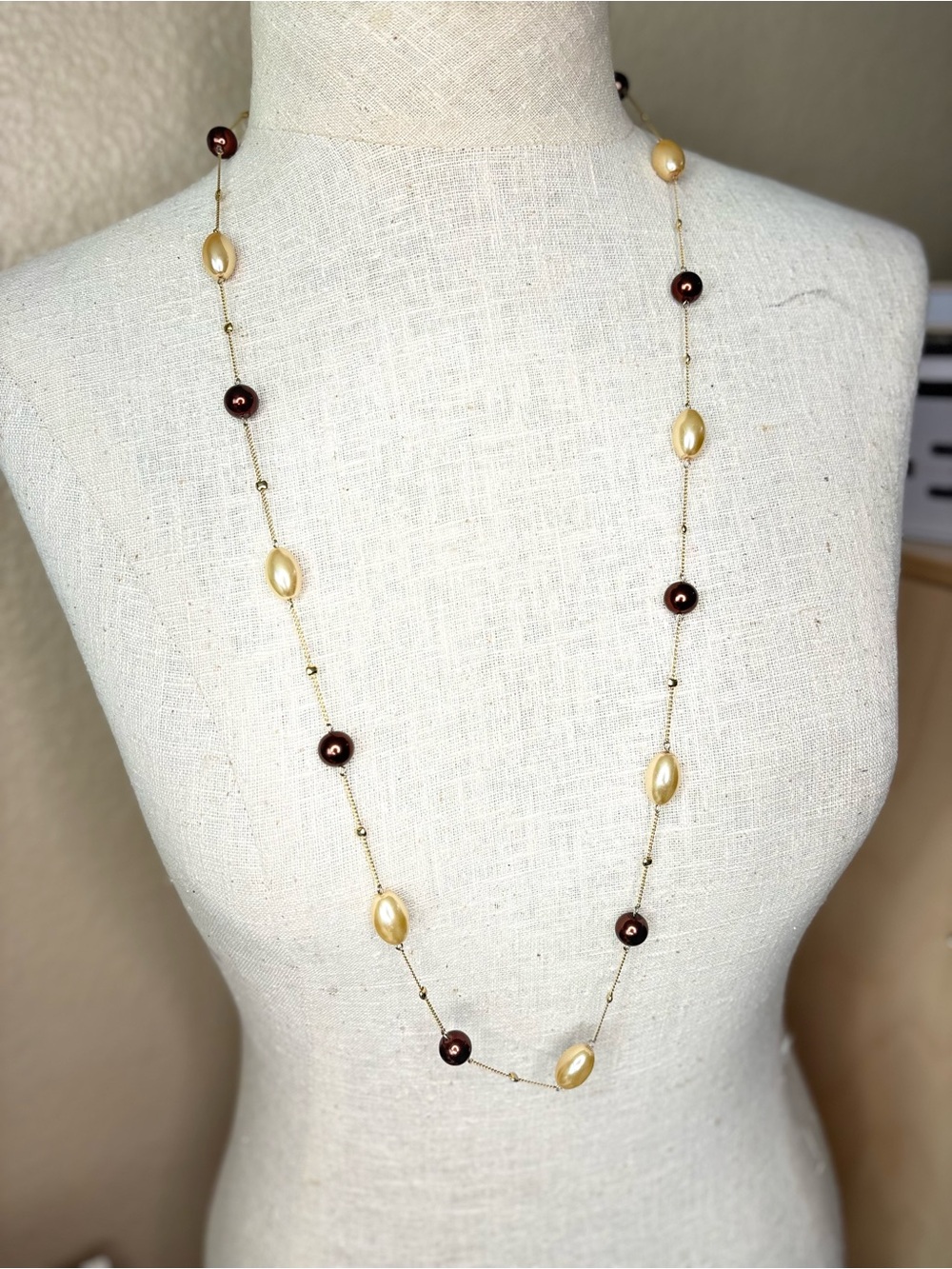Vintage Faux Pearl Station Necklace Gold Tone Long Beaded Layering Chain